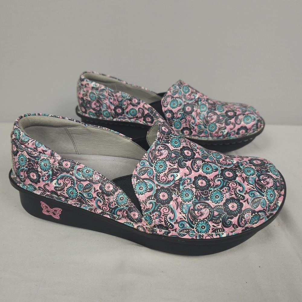Alegria Debra Clogs Shoes Women 6.5-7 /37 Pink Blue Floral Print Leather Slip On